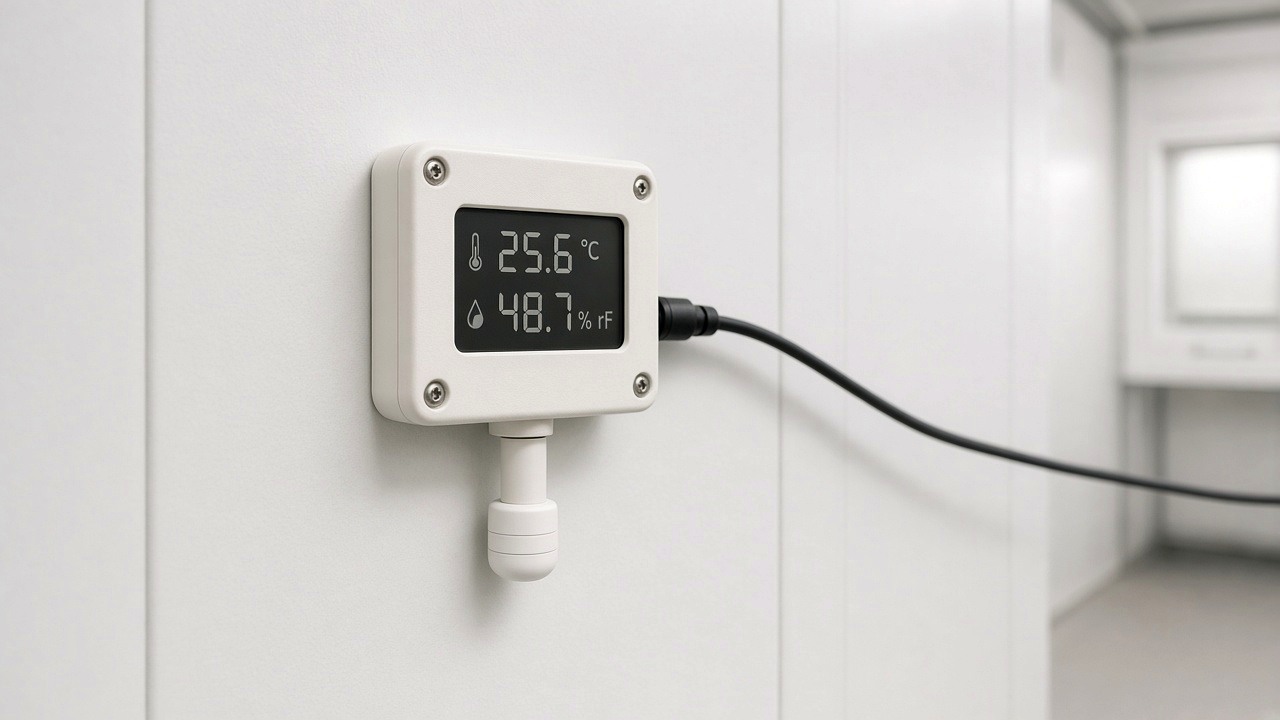 M3 Wandsensor: 25,6 ° C und 48,7% RH mit Feuchtigkeitssonde
