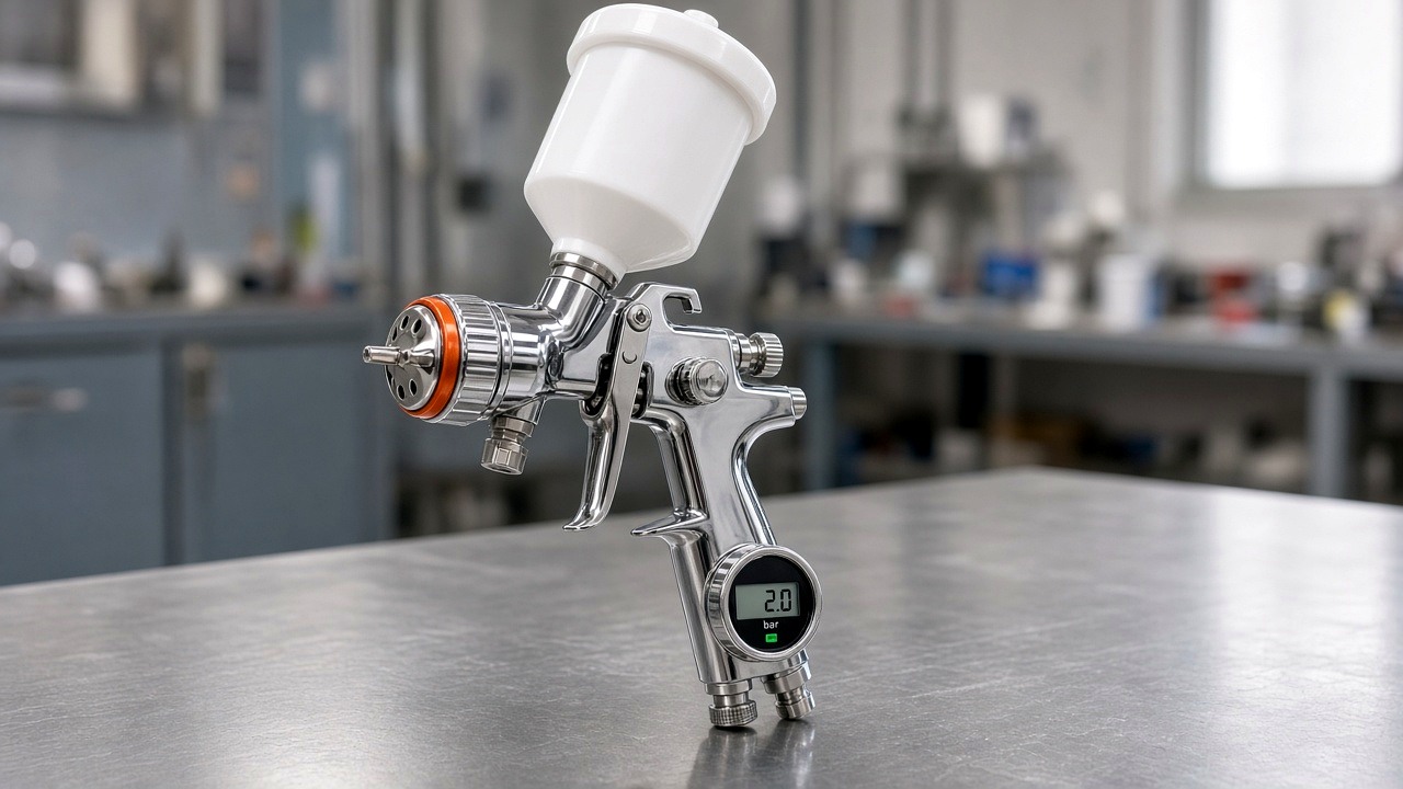 Reg. Pro - verchromte Pistole mit digitalem Display 2.0 bar am Körper und orange Spitze Ring
